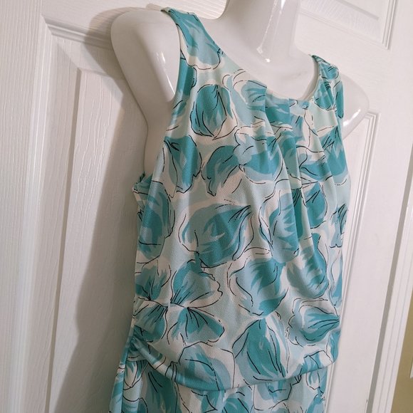 Ann Taylor Sea Blue White Petal Print Faux Wrap Sleeveless Midi Dress - size MP - Picture 3 of 10
